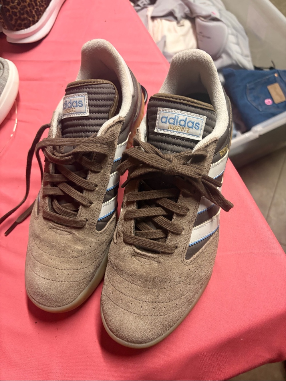 adidas Brown and White Suede Sneakers with Blue Accents